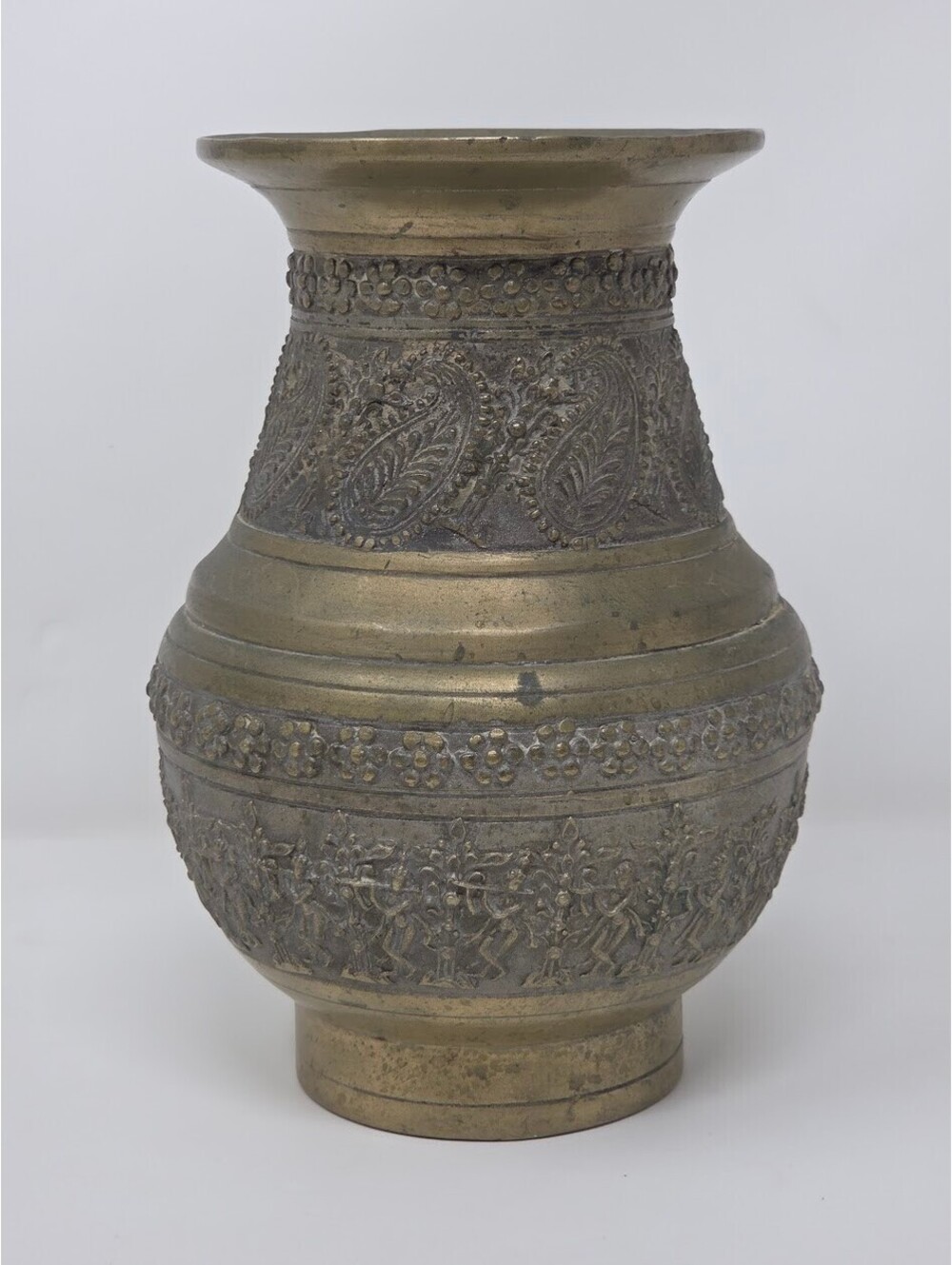 Large Embossed Brass Vase Ornate Indian Floral Figural Design Decorative Piece